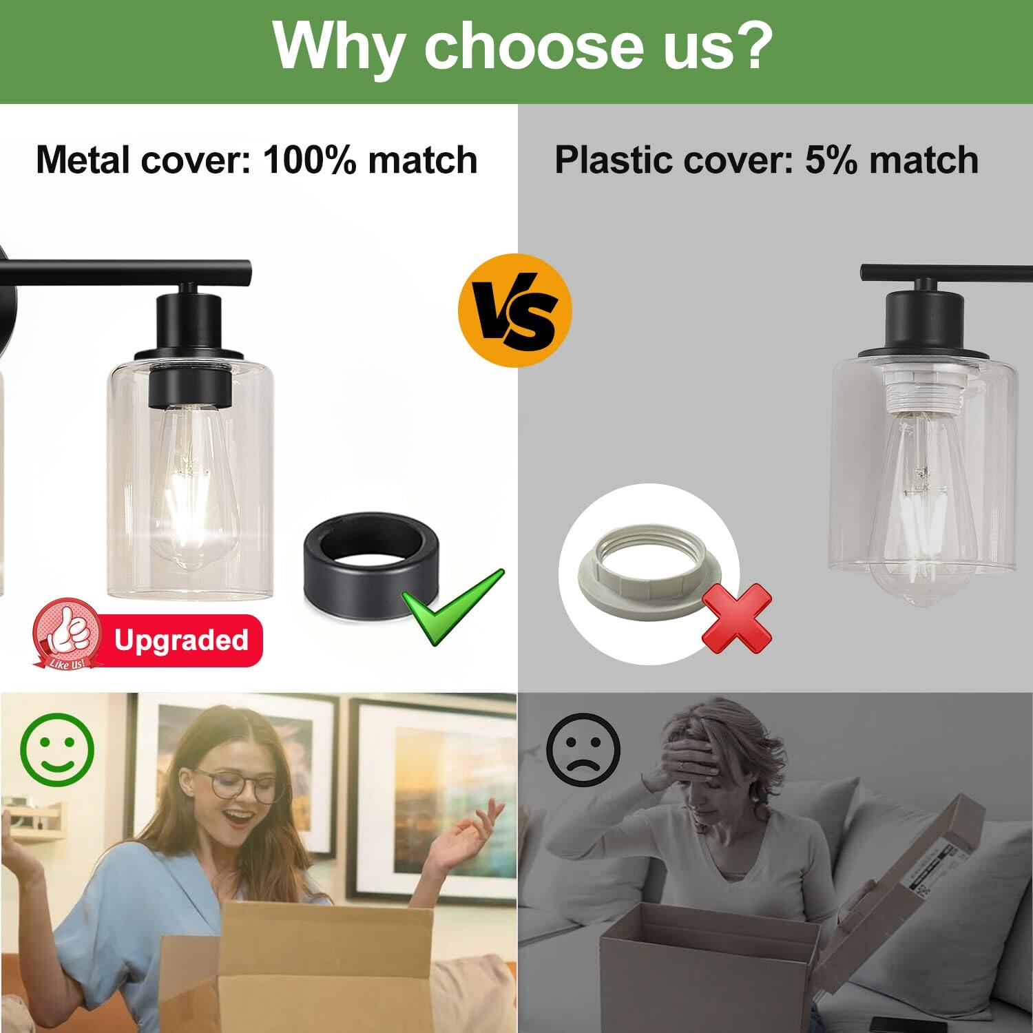 Why choose us?

Metal cover: 100% match

VS

Plastic cover: 5% match

Upgraded