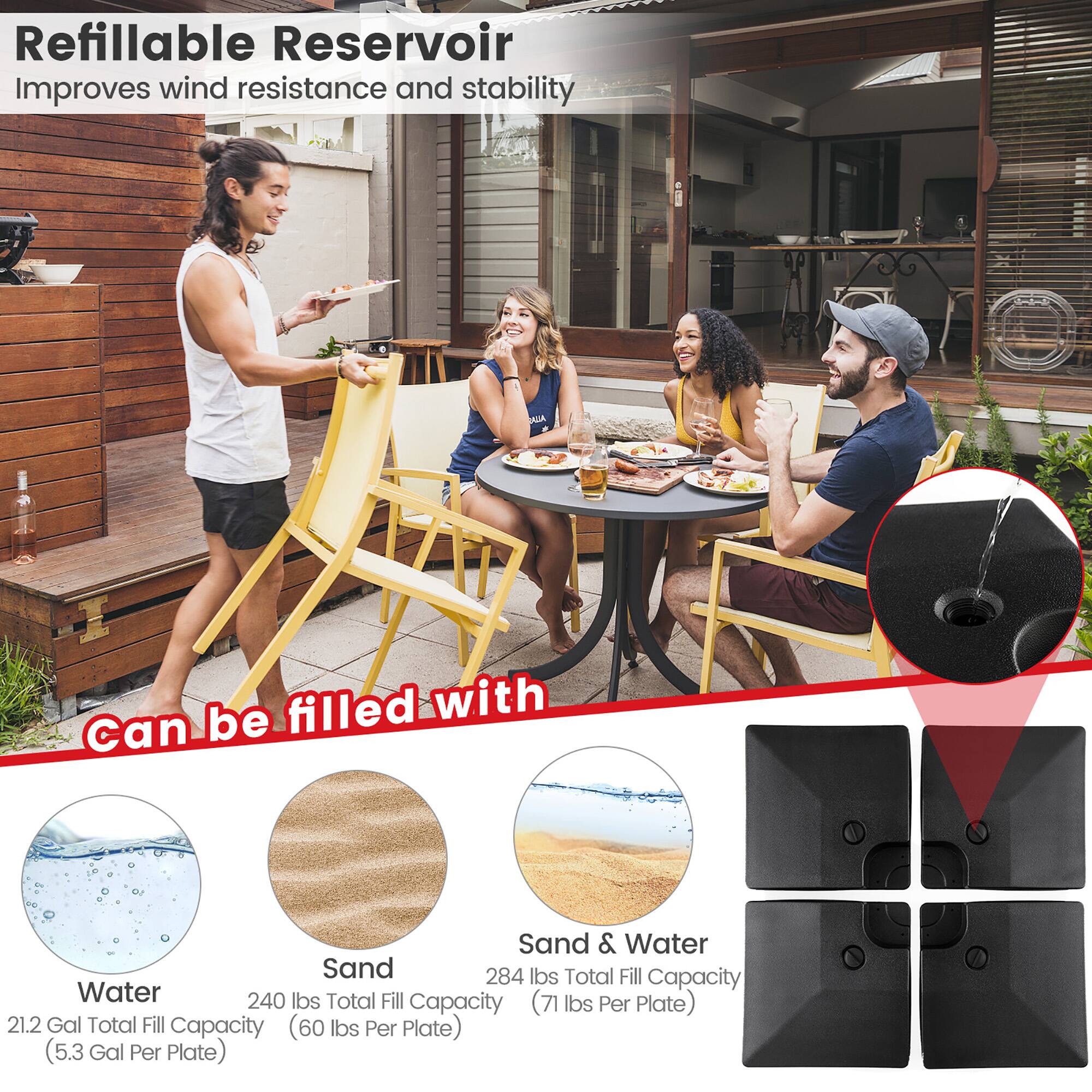 Refillable Reservoir Improves wind resistance and stability. It can be filled with sand and water, with a total fill capacity of 284 lbs for sand and 240 lbs for water. The sand capacity is 21.2 gal, and the water capacity is 5.3 gal per plate.