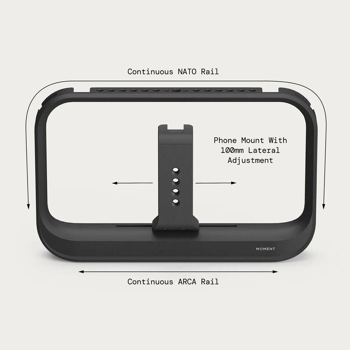 Continuous NATO Rail  
Phone Mount With 100mm Lateral Adjustment  
Continuous ARCA Rail