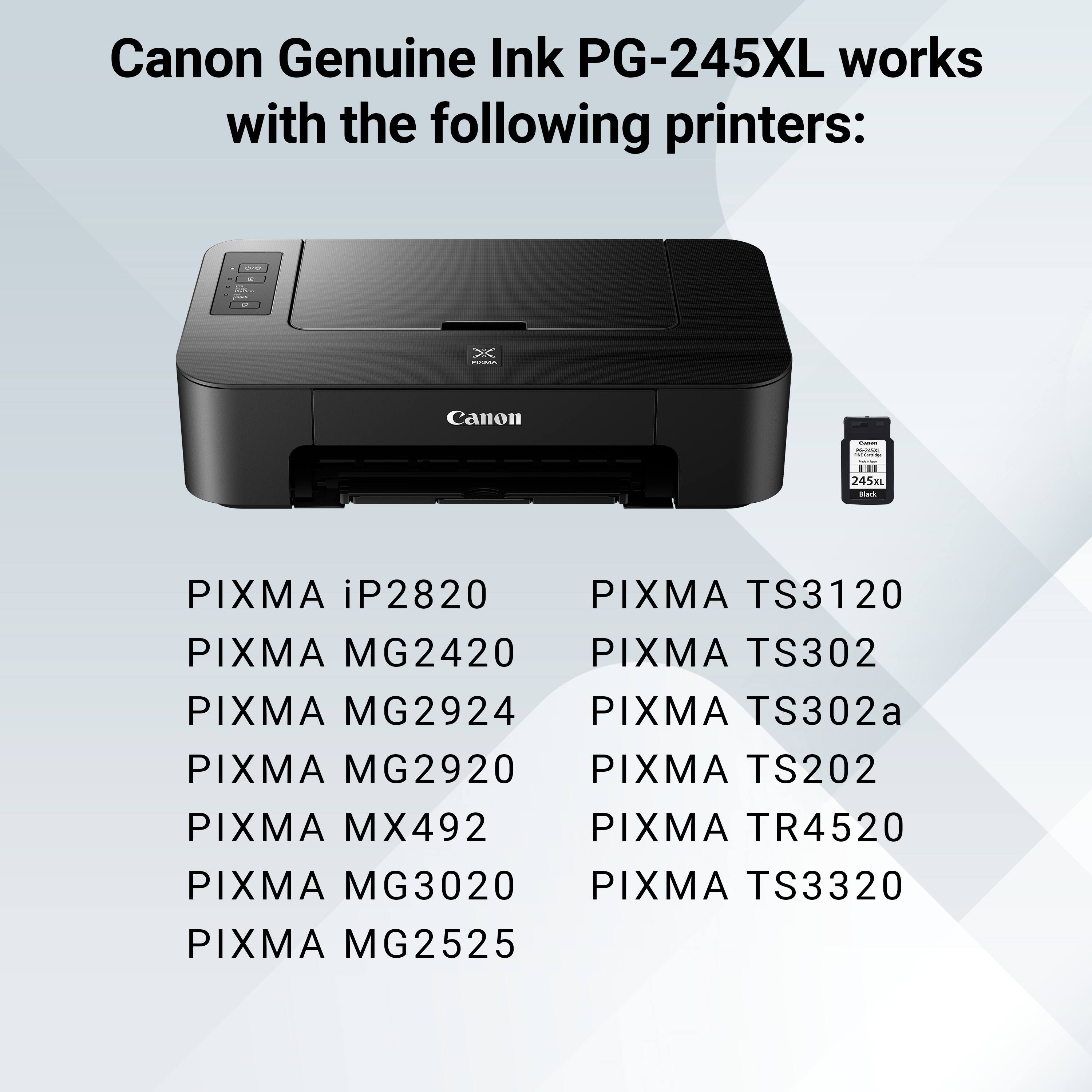 Canon Genuine Ink PG-245XL works with the following printers:

- PIXMA iP2820
- PIXMA MG2420
- PIXMA MG2924
- PIXMA MG2920
- PIXMA MX492
- PIXMA MG3020
- PIXMA MG2525
- PIXMA TS3120
- PIXMA TS302
- PIXMA TS302a
- PIXMA TS202
- PIXMA TR4520
- PIXMA TS3320