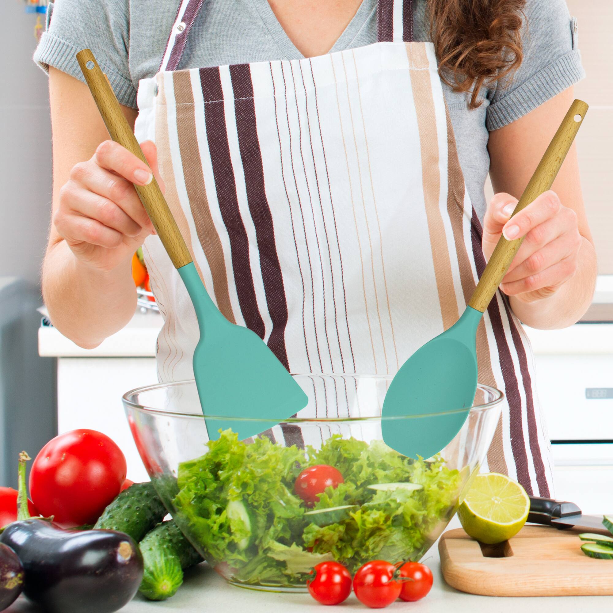 Alt View 1. Cheer Collection - 12-Piece Silicone Cooking Utensil Set with Wooden Handles and Holder, Aqua - Aqua.