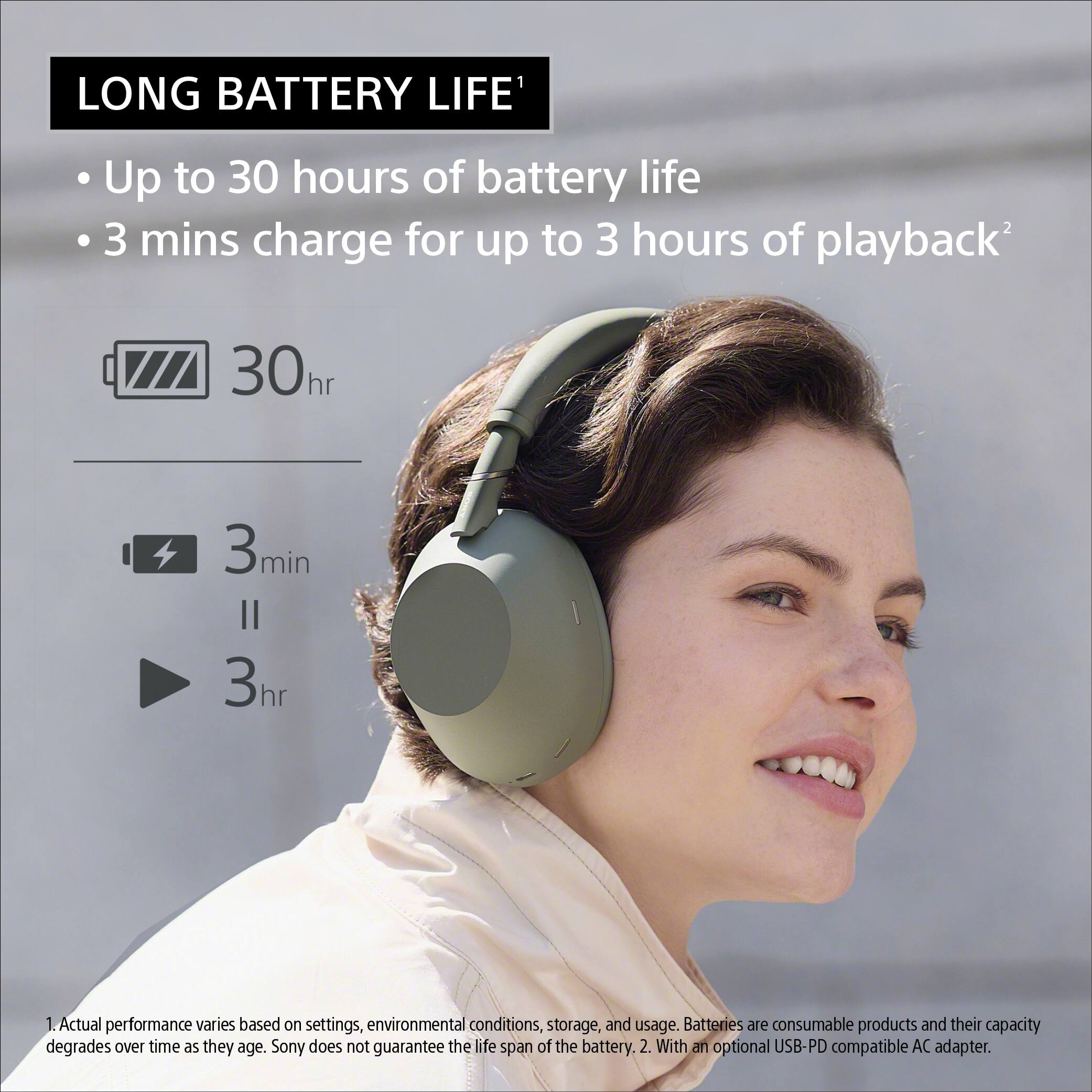 LONG BATTERY LIFE¹

- Up to 30 hours of battery life
- 3 mins charge for up to 3 hours of playback²

30hr
3min
3hr

1. Actual performance varies based on settings, environmental conditions, storage, and usage. Batteries are consumable products and their capacity degrades over time as they age. Sony does not guarantee the life span of the battery.
2. With an optional USB-PD compatible AC adapter.