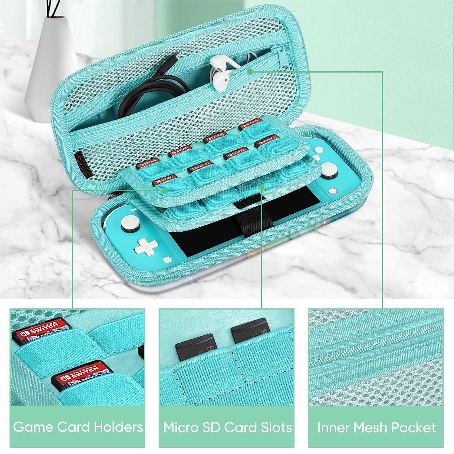 CO WAVAS CB WAVER () as VITATING COMBAGAS OA BASYAM CHESSE OR

AD SWITCH SWITCH

Game Card Holders Micro SD Card Slots
Inner Mesh Pocket