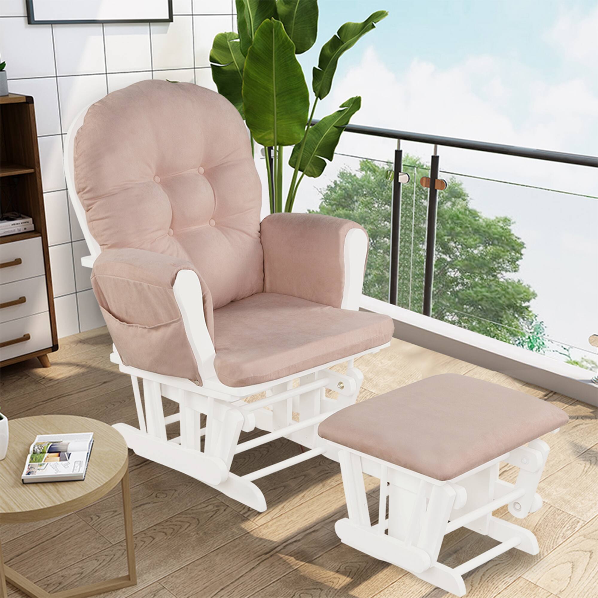 Back. Costway - Glider and Ottoman Cushion Set Wood Nursery Rocking Chair - Pink.