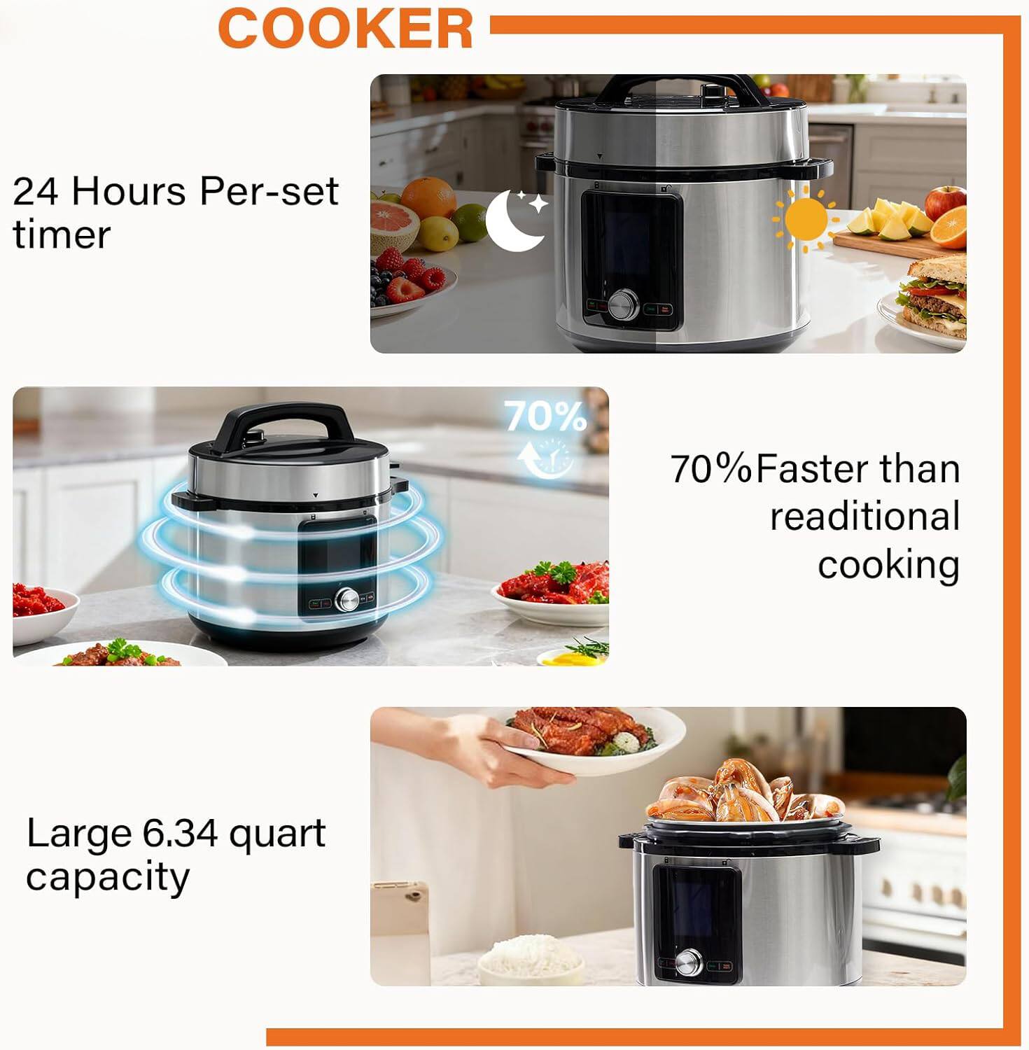 COOKER

- 24 Hours Per-set timer
- 70% Faster than traditional cooking
- Large 6.34 quart capacity