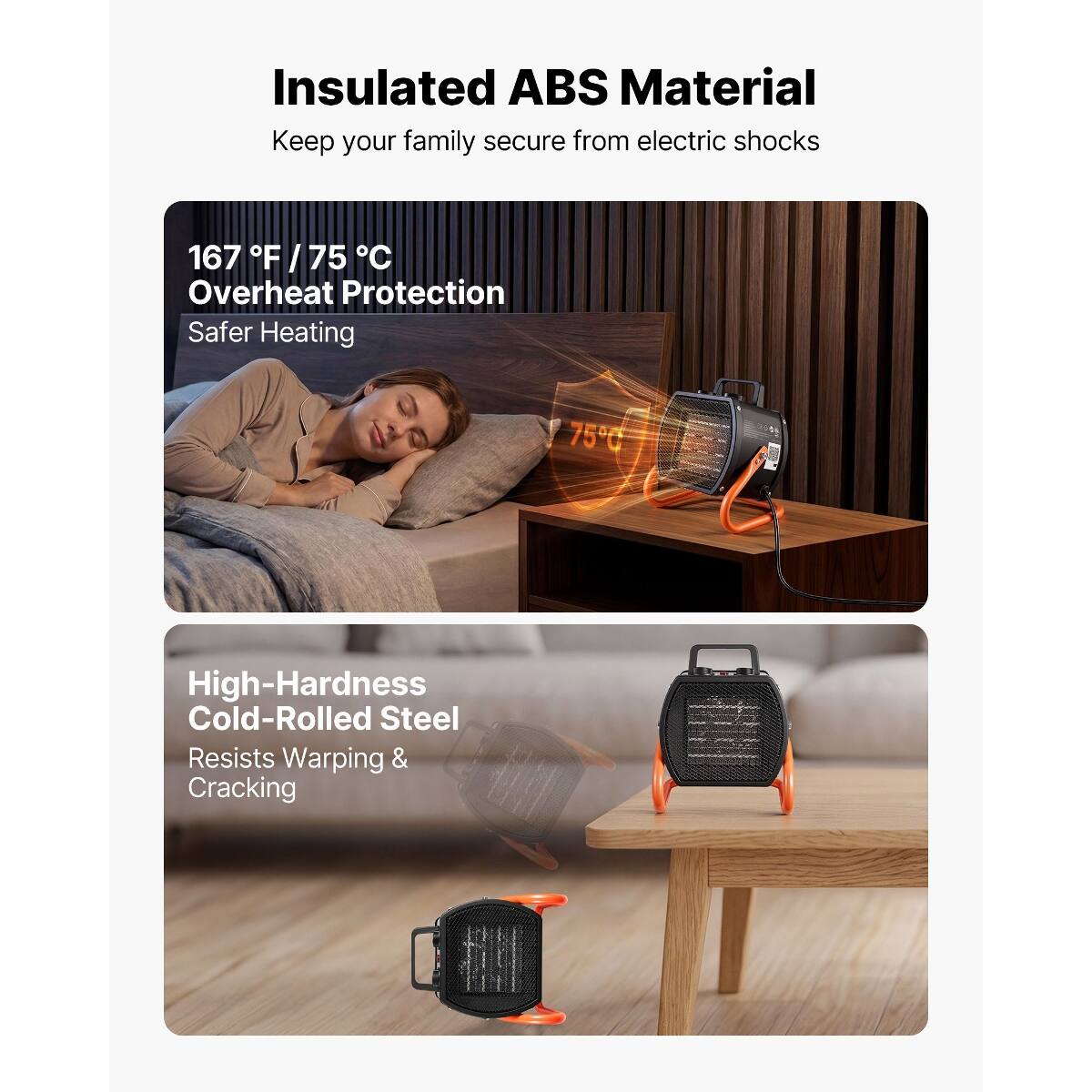 Insulated ABS Material  
Keep your family secure from electric shocks

167°F / 75°C  
Overheat Protection  
Safer Heating

High-Hardness Cold-Rolled Steel  
Resists Warping & Cracking