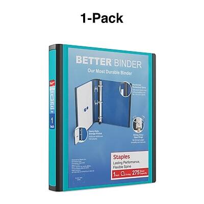 1-Pack  
BETTER BINDER  
Our Most Durable Binder  

Staples  
Lasting Performance  
Flexible Spine  
1 Inch  
275 Sheets