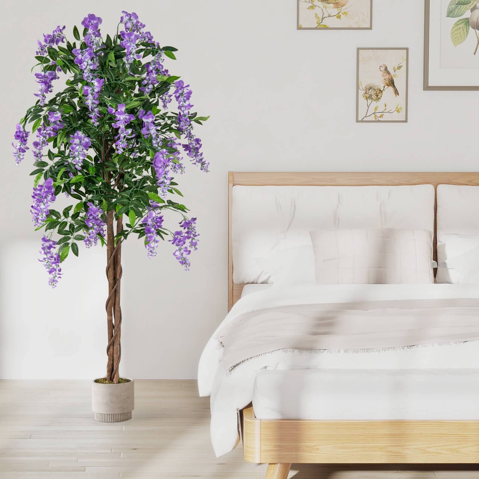 Alt View 4. Costway - Costway 2 PCS 5.5 FT Tall Artificial Ficus Tree Faux Wisteria Plant in Nursery Pot Decoration Purple - Green,Brown,Purple.