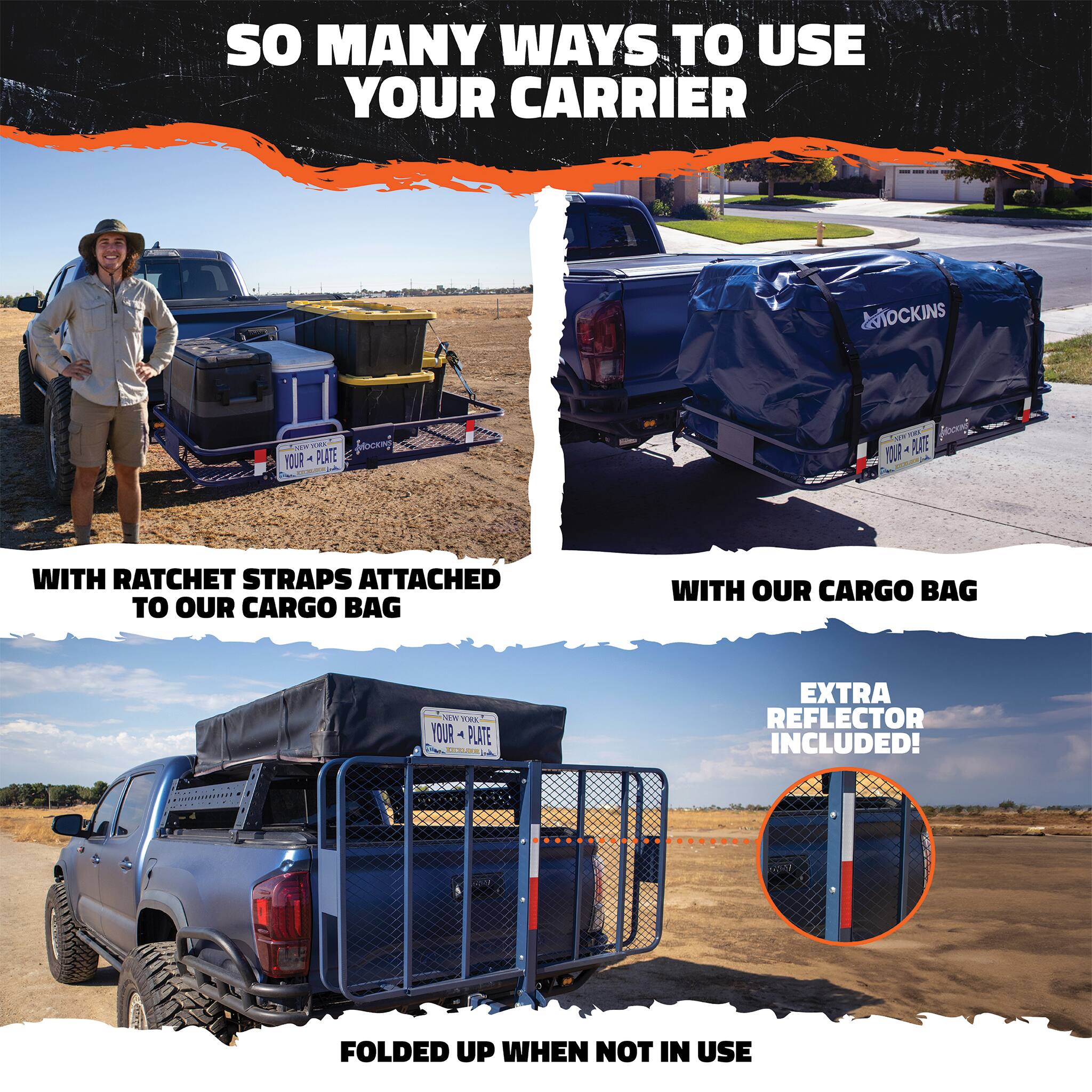 So many ways to use your carrier:

- With ratchet straps attached to our cargo bag
- With our cargo bag
- Folded up when not in use

Extra reflector included!