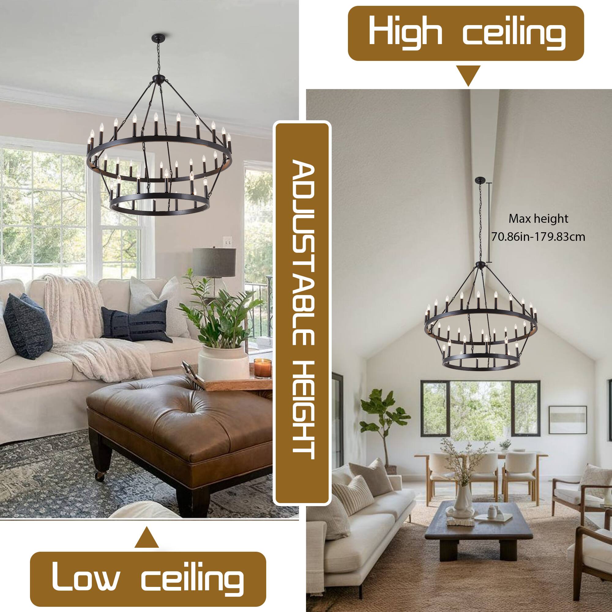 Alt View 3. RYHNUYNE - 36 Light Black Wagon Wheel Chandelier 48 Inch 2 Tier Large Round Farmhouse Pendant Light Fixture for Foyer Entryway - Black.