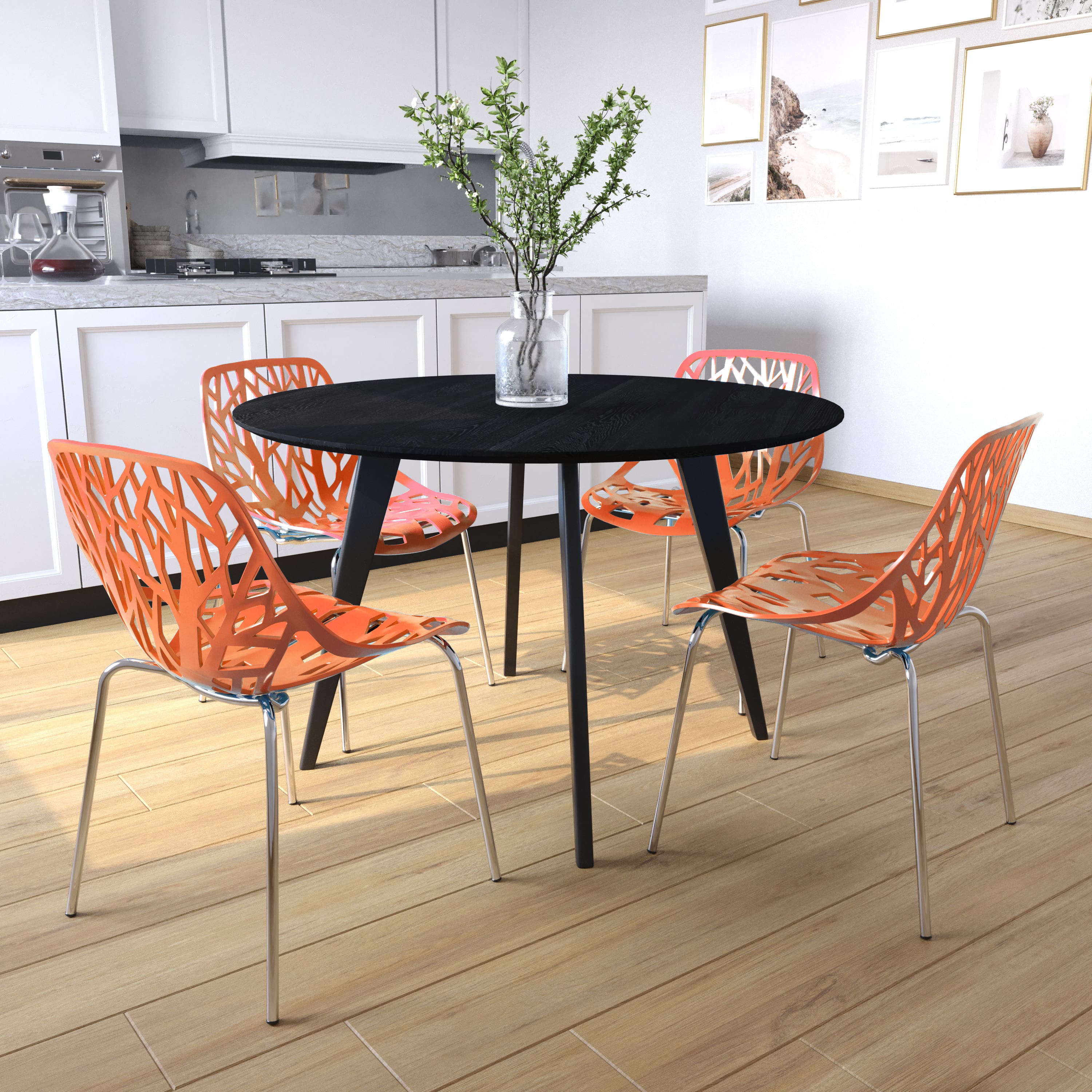 LeisureMod - Asbury Set of 4 Stackable Dining Side Chair with Accent Chrome Steel Legs and Cut Out Design for Indoor Outdoor - Orange