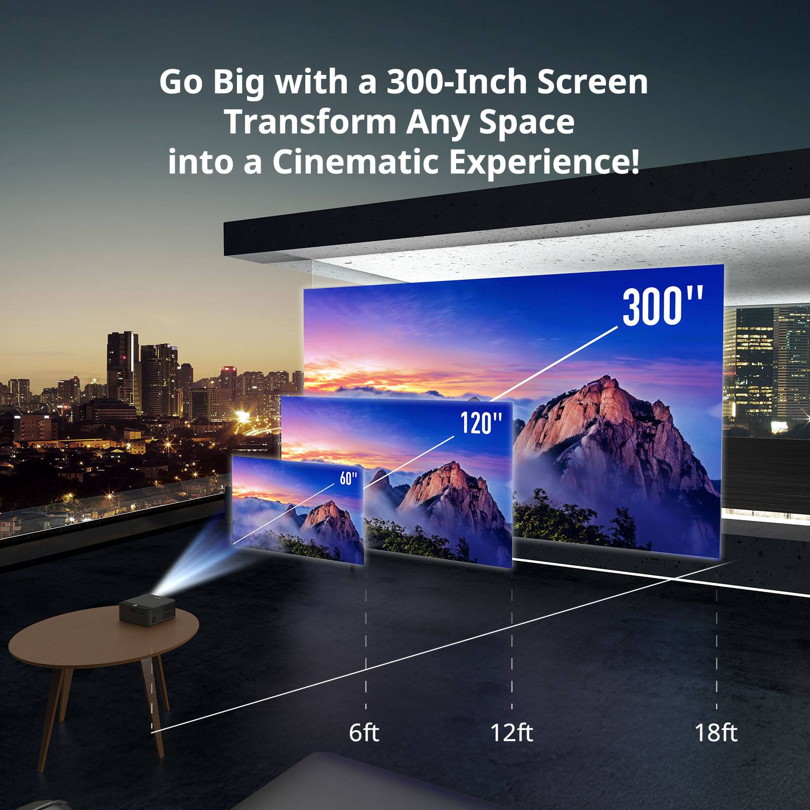 Go Big with a 300-Inch Screen  
Transform Any Space into a Cinematic Experience!  

300"  
120"  
60"  

6ft  
12ft  
18ft