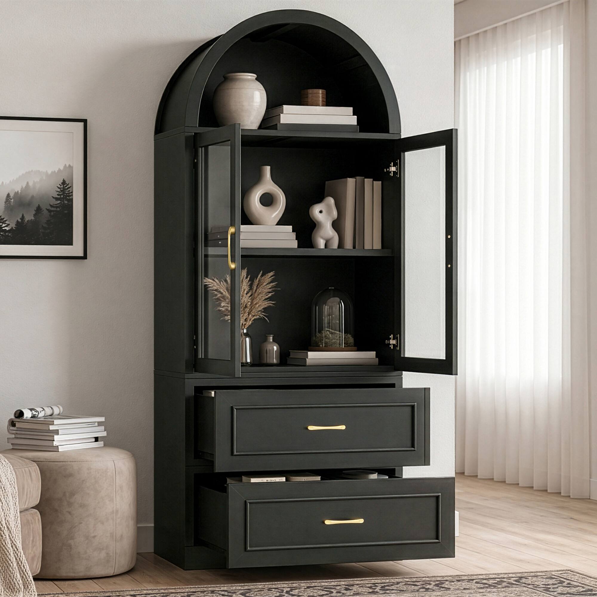 Angle. Loheer - Loheer Black Tall Cabinet, Arched Storage Cabinet with Glass Doors, Modern Display Cabinet for Living Room - Black.