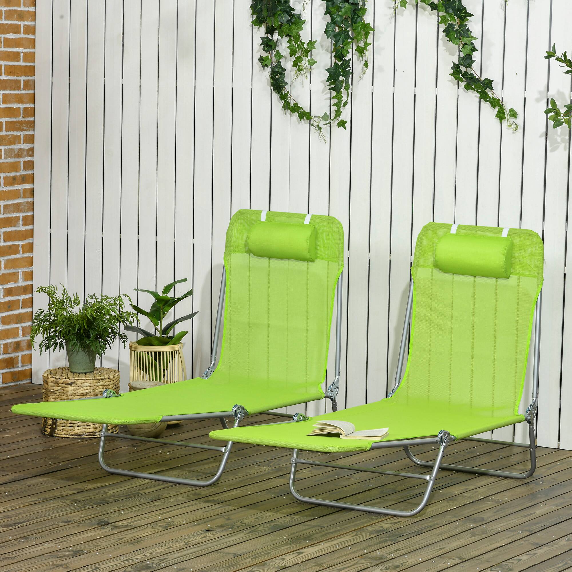 Alt View 1. Outsunny - 2 Piece Folding Chaise Lounge Chairs, Pool Sun Tanning Chairs with Reclining Back, Breathable Mesh Seat - Green.