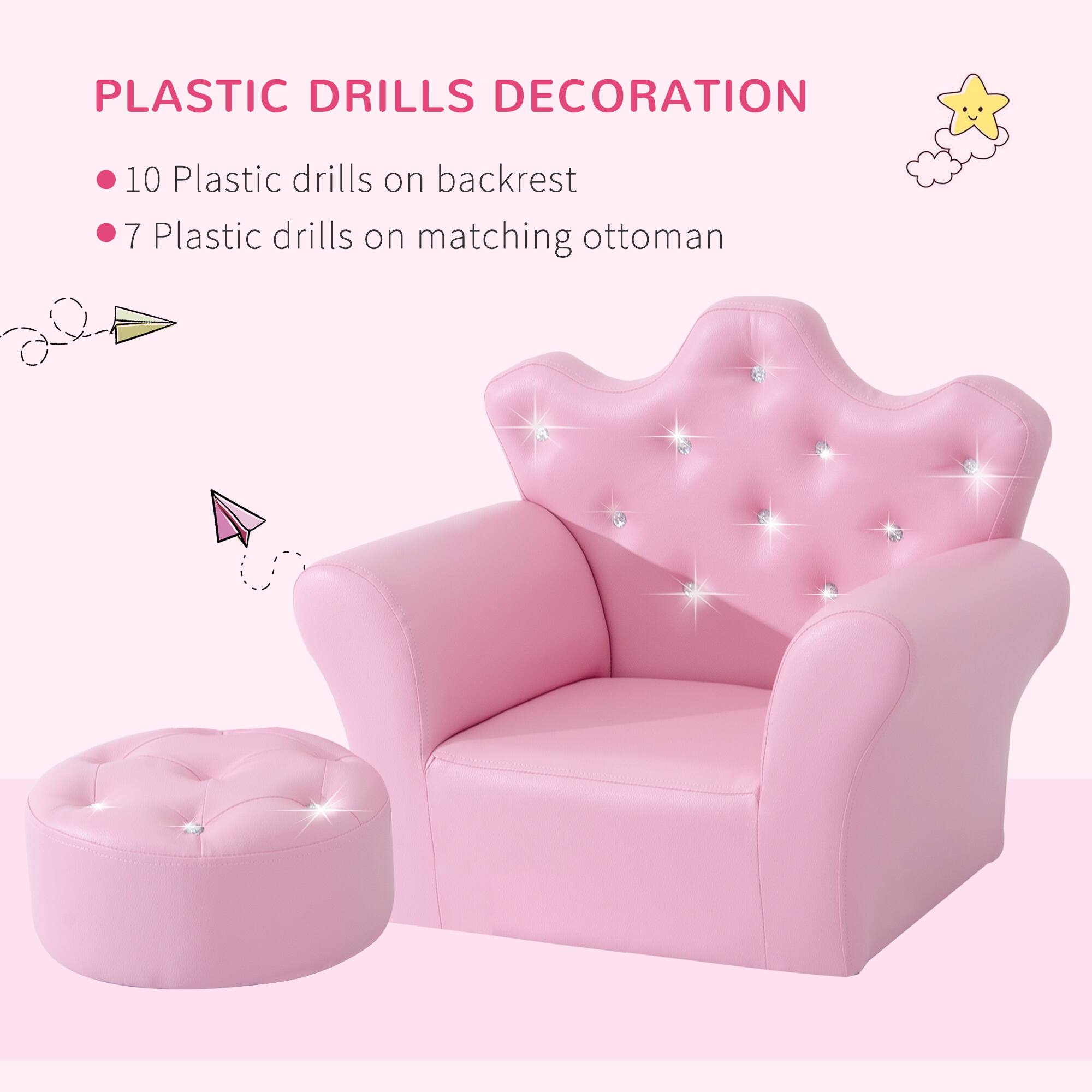 PLASTIC DRILLS DECORATION

- 10 Plastic drills on backrest
- 7 Plastic drills on matching ottoman
