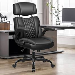 KERDOM - Ergonomic Executive Leather Chair Adjustable Headrest, Computer Home Office Chair with Flip Up Arm & Thickened Cushion - Black