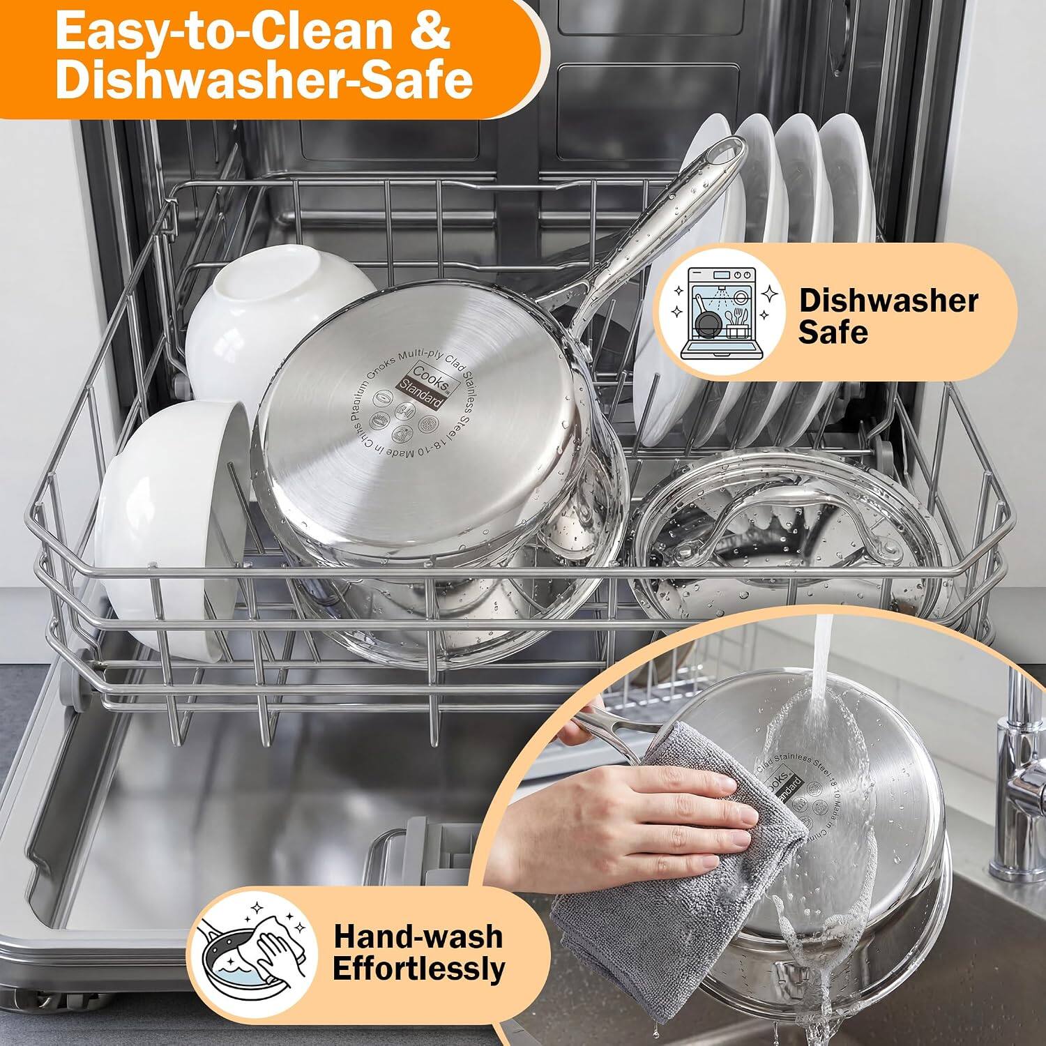 Easy-to-Clean & Dishwasher-Safe

Multi-ply Clad Standard Cooks Stainless Placium Chins Steel in Made 18-10

Dishwasher Safe

Hand-wash Effortlessly