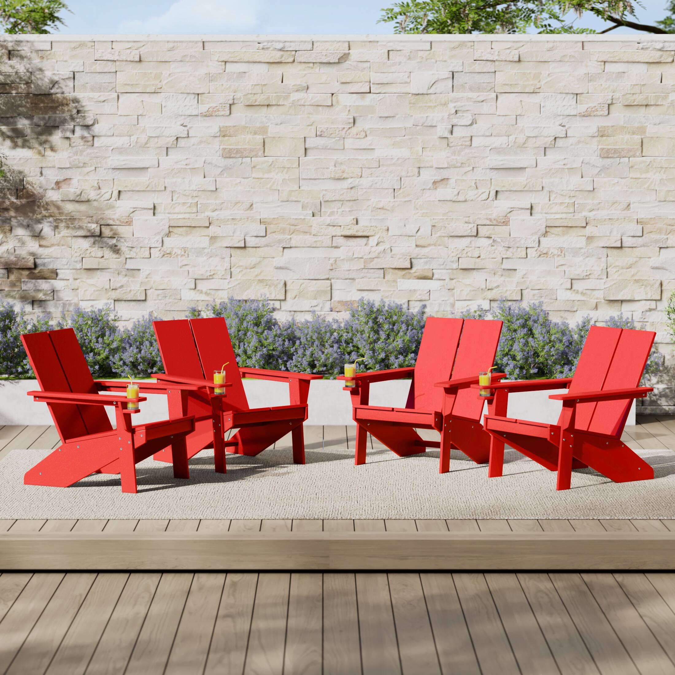 Angle. WestinTrends - WestinTrends Riviera Outdoor HDPE Modern Adirondack Chair with Cup Holder (Set of 4) - Red.