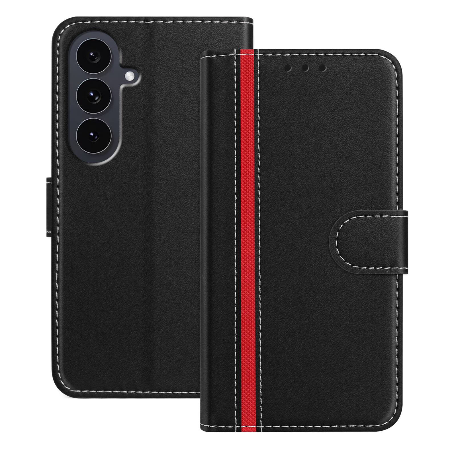 Front. Dteck - Slim Card Holder Case for Samsung Galaxy S25 FE,PU Leather Magnetic Closure Shockproof TPU Inner Flip Wallet Cover - Black.