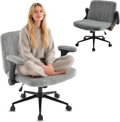 Front. Winado - Chenille Velvet Criss Cross Legged Chair with Adjustable Flip-Up Arms, Wheels for Home Office Desk,Vanity, Apartment - Grey.