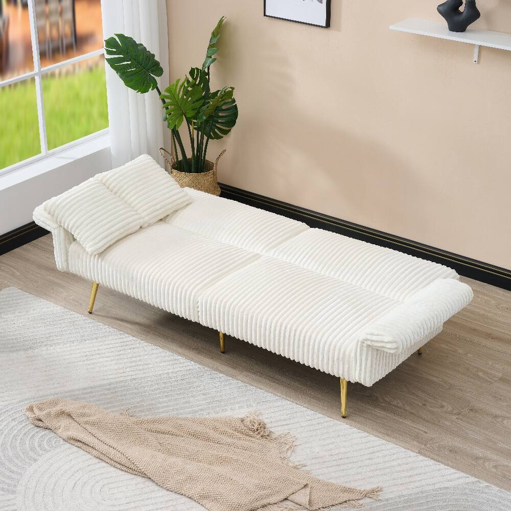 Back. Loheer - Loheer 79 Inch Corduroy Sofa Bed Foldable Double Sleeper Sofa with Adjustable Armrests for Small Spaces - White.
