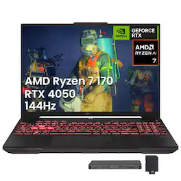 ASUS - Upgraded - TUF A16 16" 144Hz Gaming Laptop,Ryzen 7 170,GeForce RTX 4050,16GB,1TB SSD+1TB Dock Set,Backlit,Win 11 - Gray