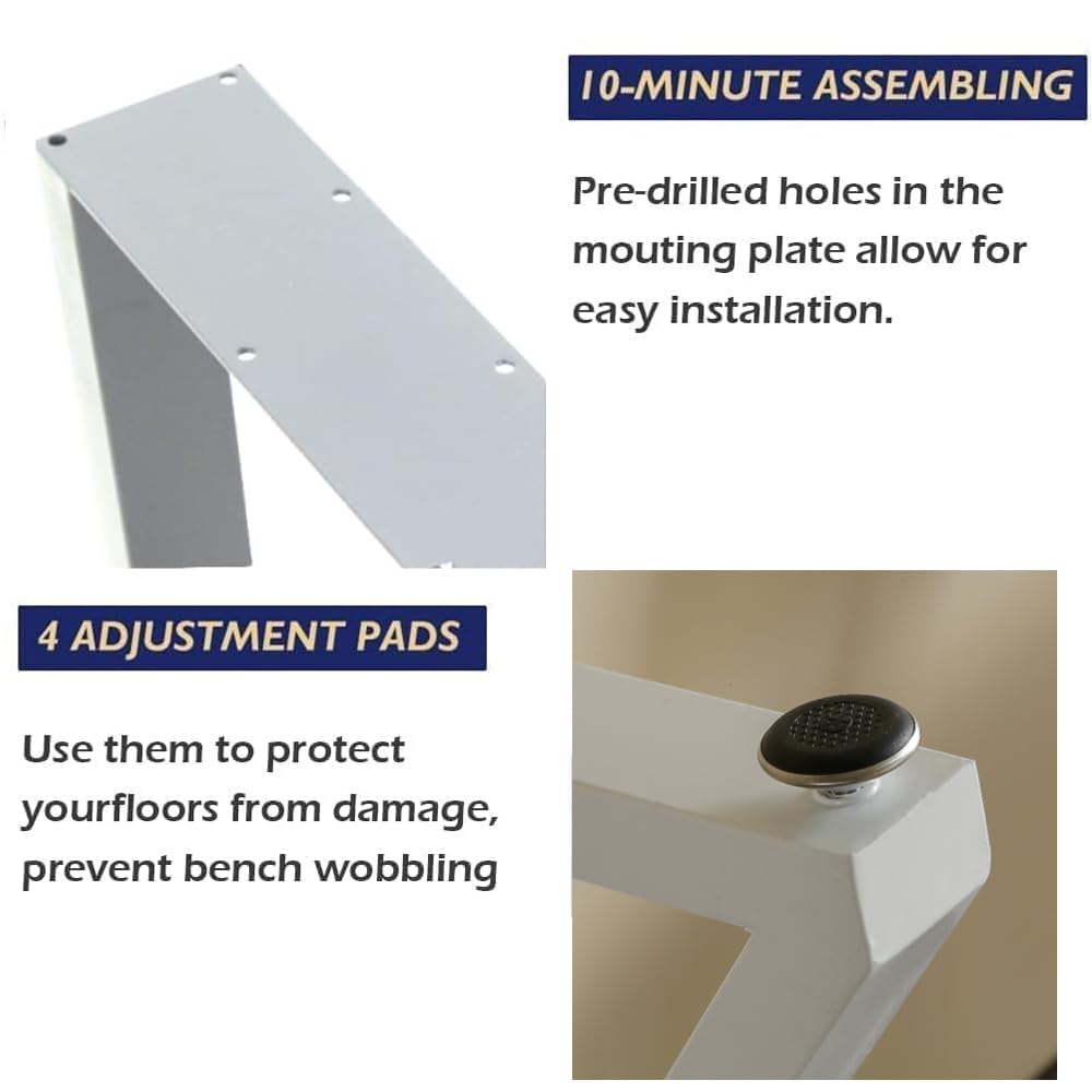 10-MINUTE ASSEMBLING  
Pre-drilled holes in the mounting plate allow for easy installation.

4 ADJUSTMENT PADS  
Use them to protect your floors from damage, prevent bench wobbling.