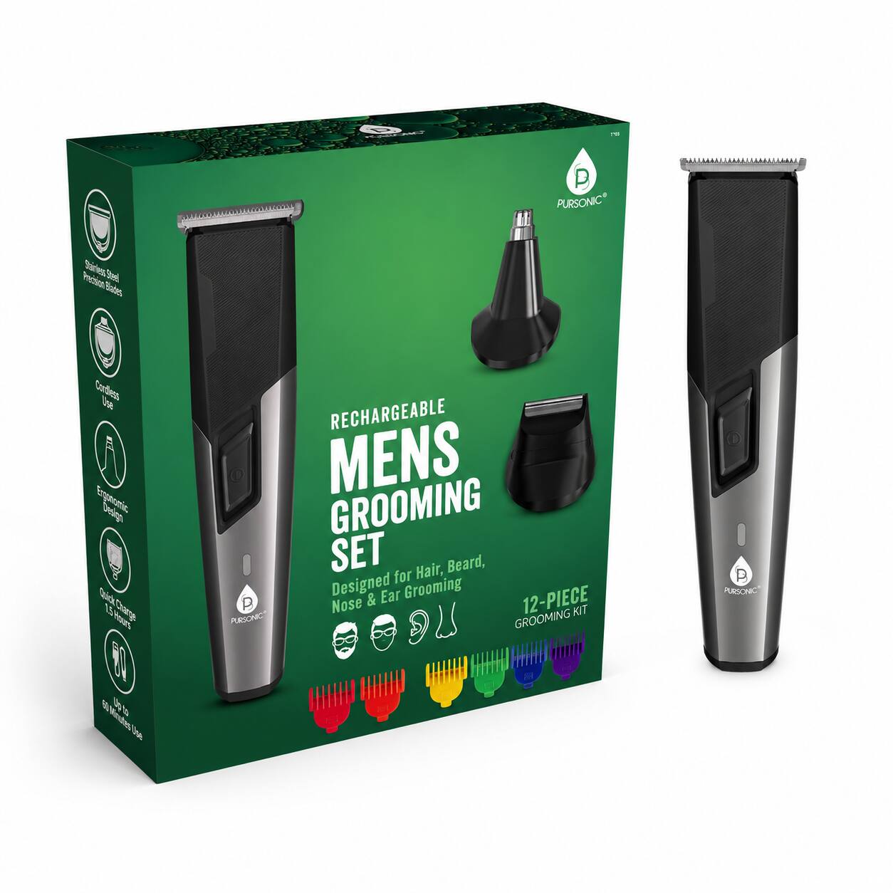 F.  
P PURSONIC  
Precision Starless Steel Blades  
Cordless Use Quick 1.5 Charge Hours  
RECHARGEABLE MENS GROOMING SET for Hair, Beard, Nose & Ear Grooming 12-PIECE GROOMING KIT  
PURSONIC  
60 Up to 450g