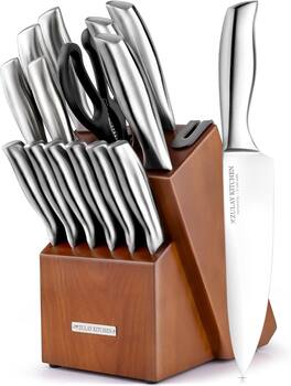 Zulay Kitchen - 15 Piece Stainless Steel Knife Set with Block and Sharpener - Brown