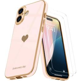 Entronix - Bundle for iPhone 16 Plus - Stylish Glossy Heart Case with 2 Screen Protectors - Rose