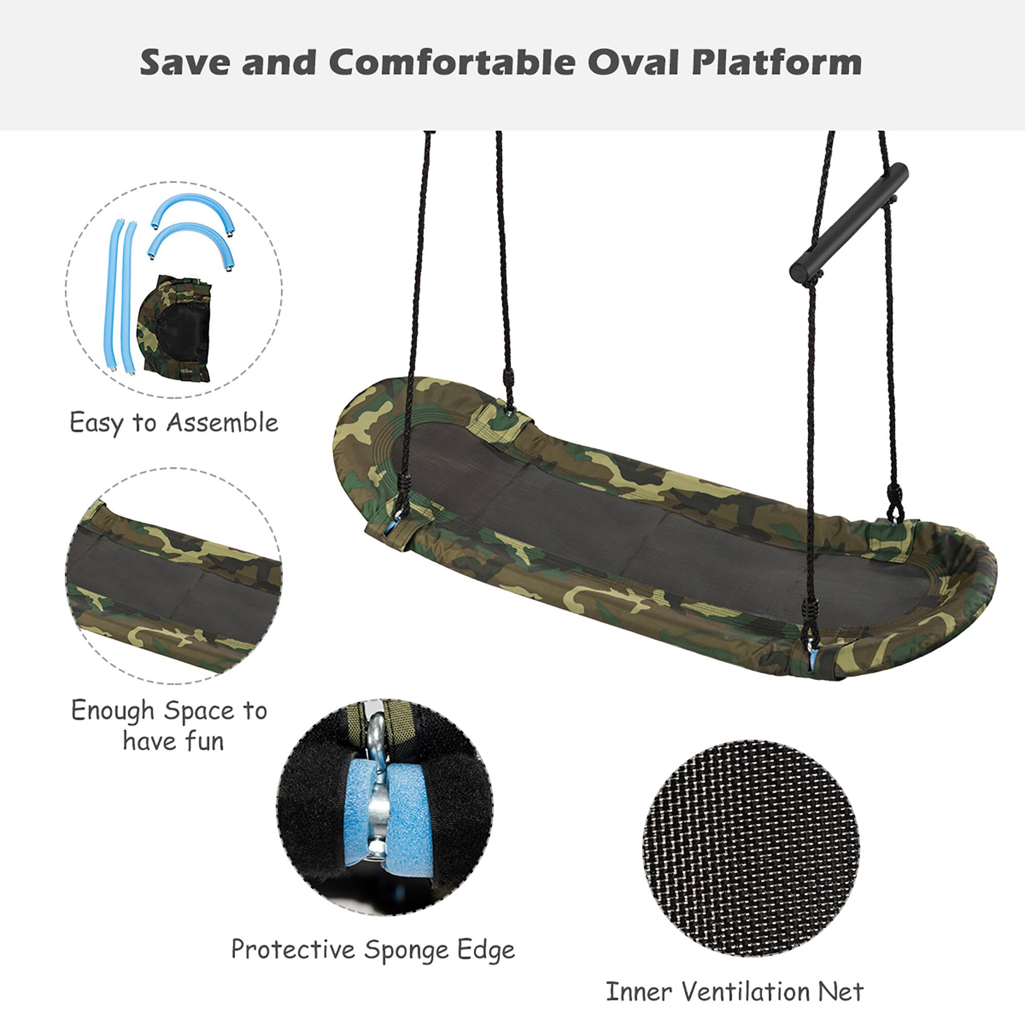 Save and Comfortable Oval Platform

- Easy to Assemble
- Enough Space to have fun
- Protective Sponge Edge
- Inner Ventilation Net