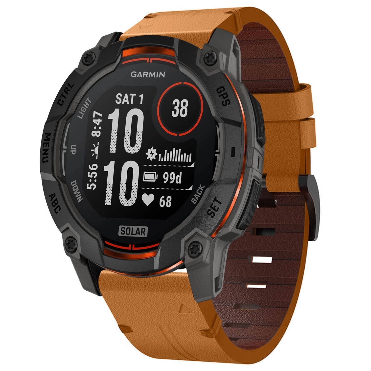 GARMIN CTRL SAT 1 GPS LIGHT 38 8:47 10 MENU UP K 5:56 10 99d ABC DOWN 68 BACK SET SOLAR