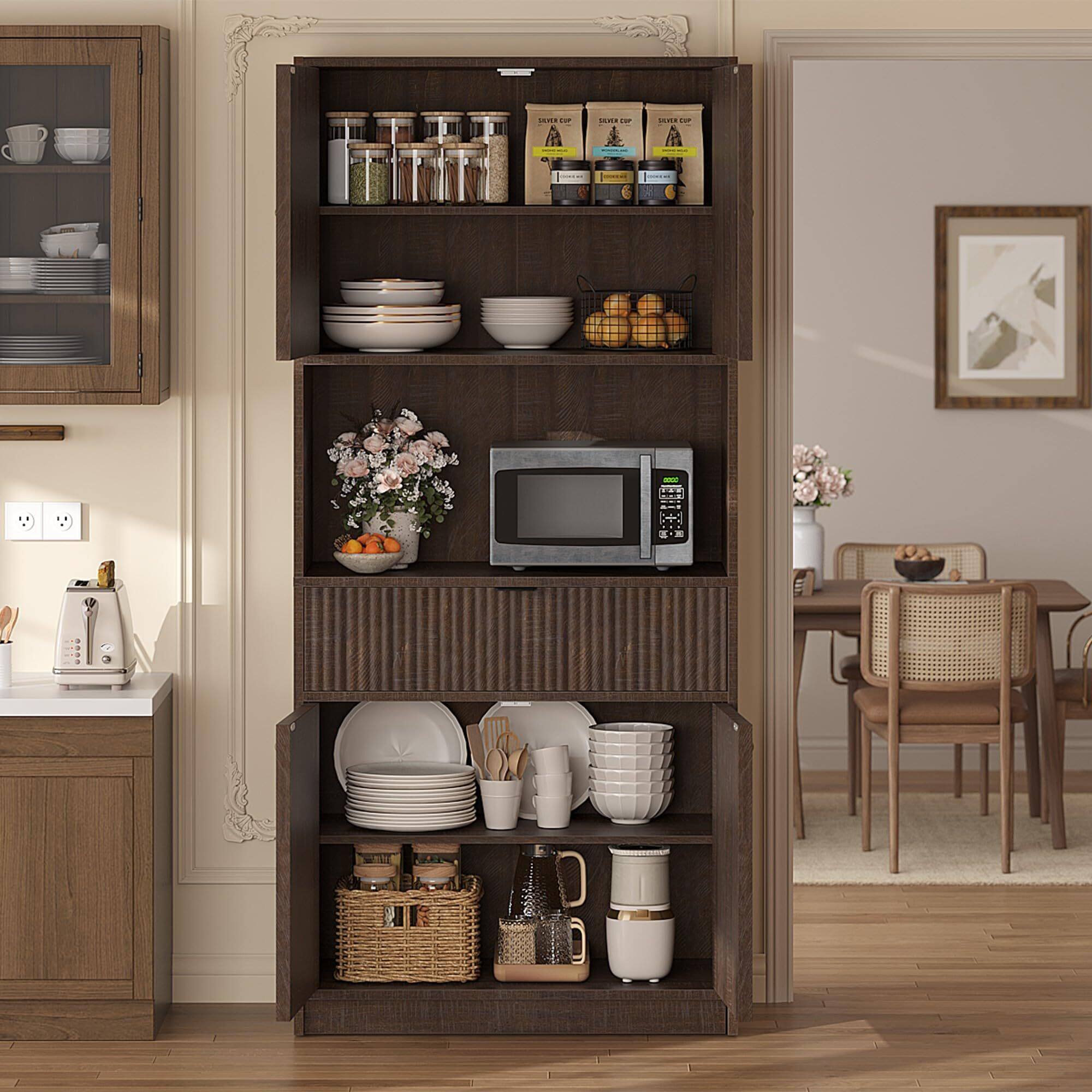Alt View 3. Acekool - Tall Storage Cabinet, 70" Kitchen Pantry Cabinet with Doors, Fluted Kitchen Hutch - Brown.