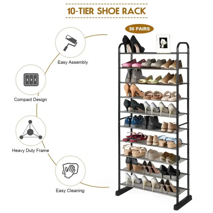 10-TIER SHOE RACK 50 PAIRS Easy Assembly Compact Design - Heavy Duty Frame Easy Cleaning
