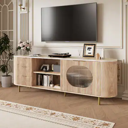 Front. Anysun - 65 Inch Modern TV Stand, Fluted Media Console with Faux Marble Top, Gold Accents - OAK.