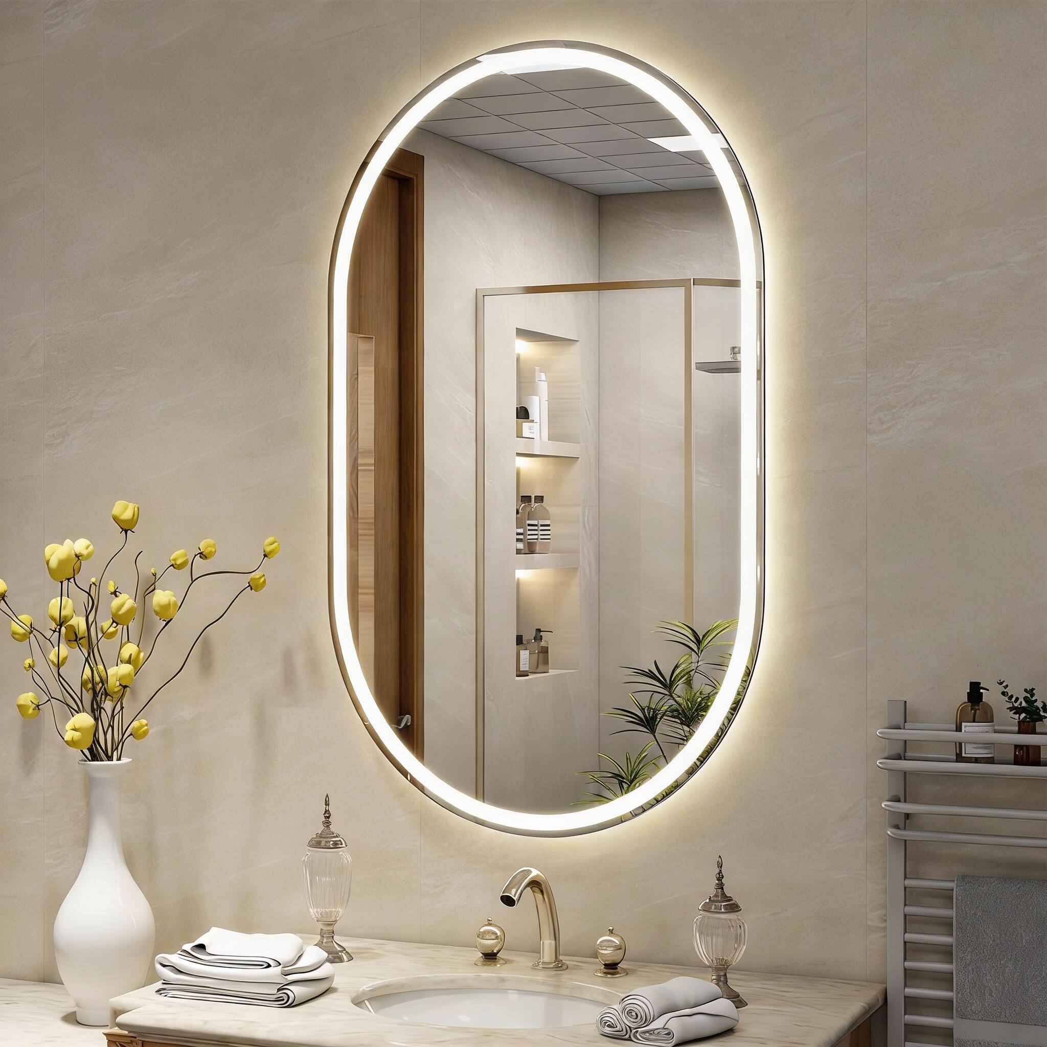 Front. METALTON - Led Oval Bathroom Mirror With Lights Anti fog Dimmable Backlit Front Lit Lighted Vanity For Wall Colors Mem - White 40"L x 24"W.