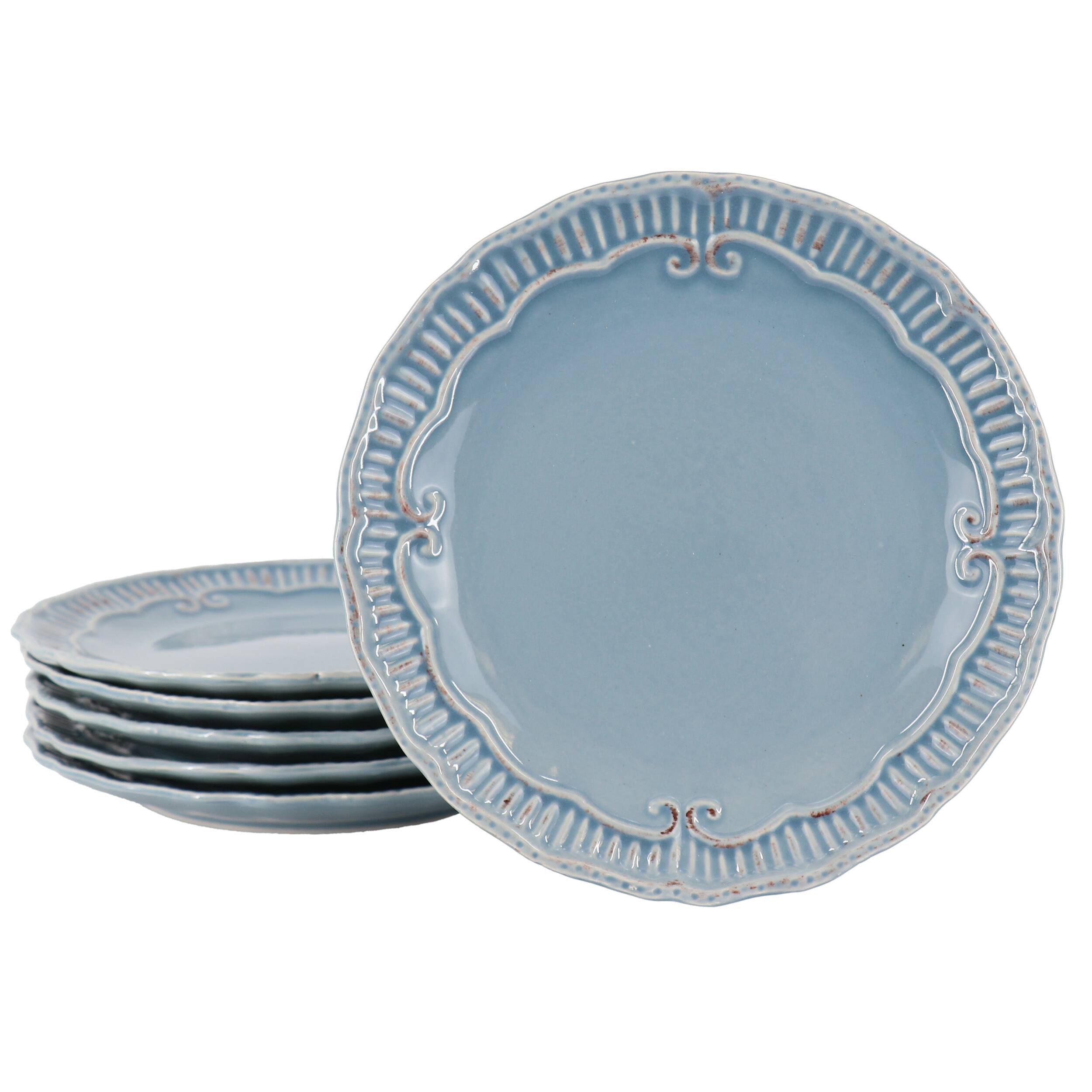 Modern Southern Home - Capri 6 Piece 9 Inch Stoneware Embossed Dessert Plate Set - Blue
