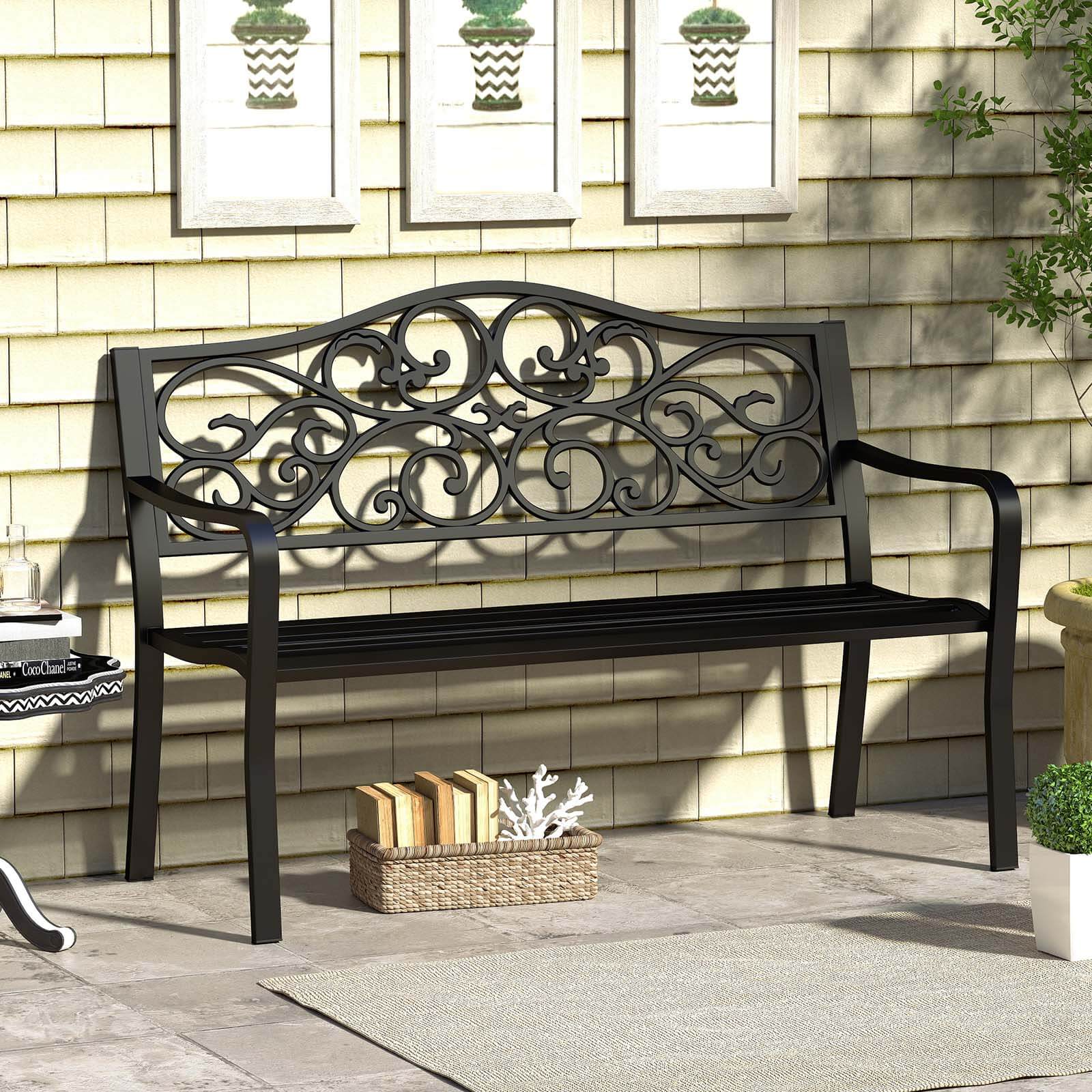 Alt View 4. Costway - Costway 50" Porch Bench with Ergonomic Backrest & Armrests Floral Patterns Curved - Black.