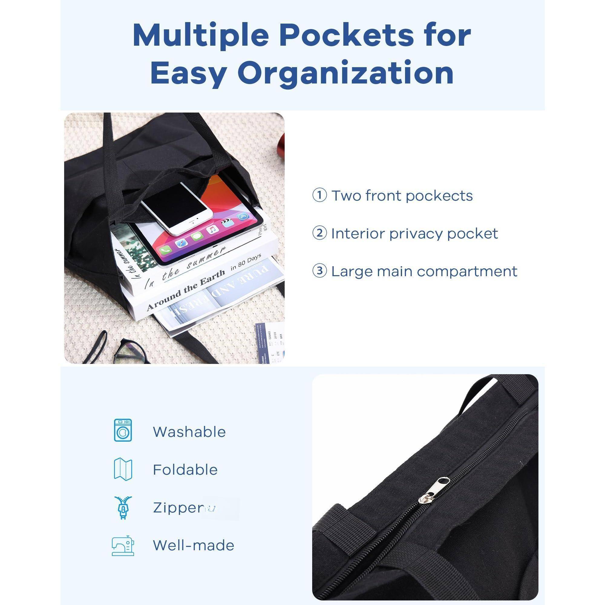 Multiple Pockets for Easy Organization

1. Two front pockets
2. Interior privacy pocket
3. Large main compartment

- Washable
- Foldable
- Zipper
- Well-made