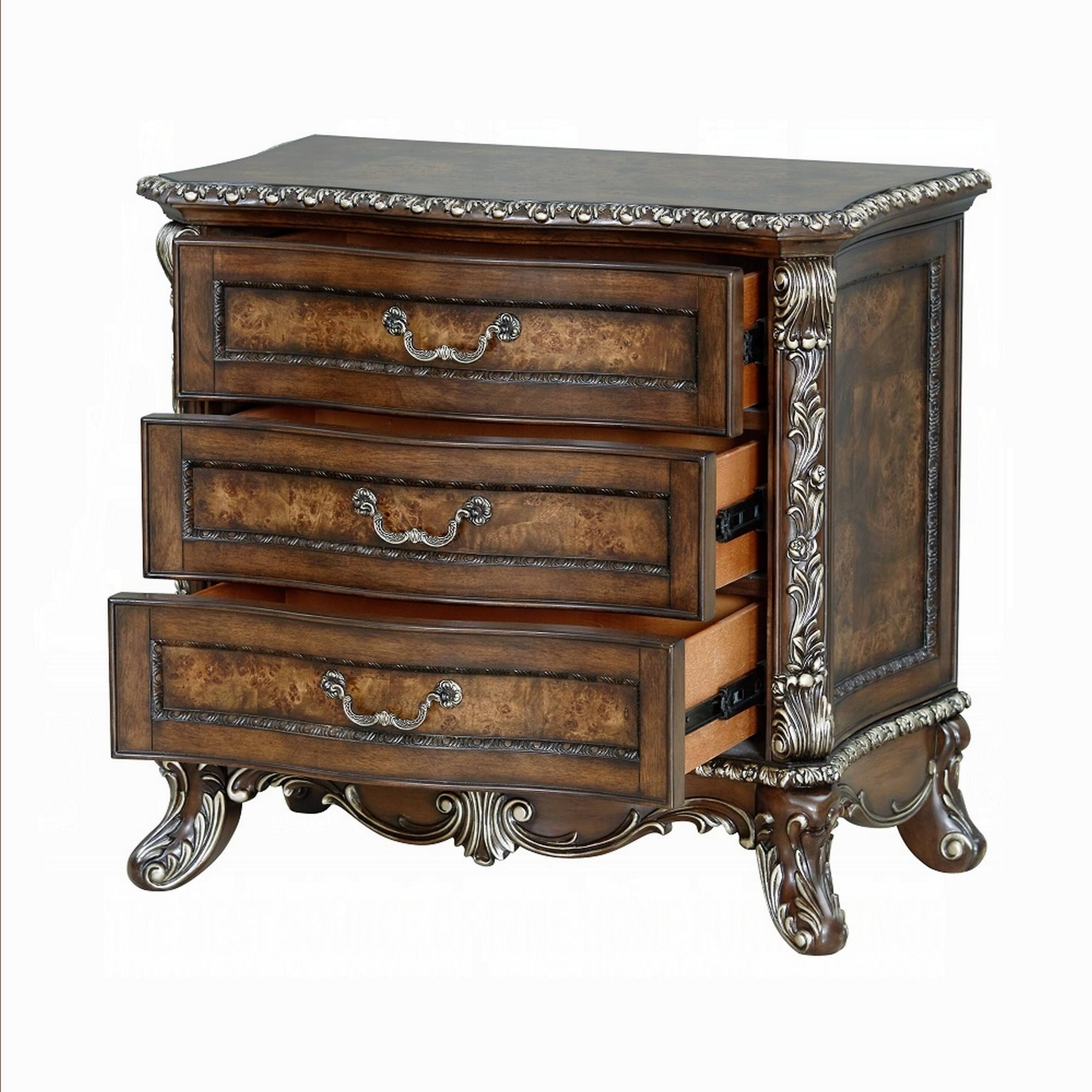 Alt View 2. Manhattan Lane - Vany Nightstand, Traditional Floral Trim, 3 Drawers - Brown, Silver.