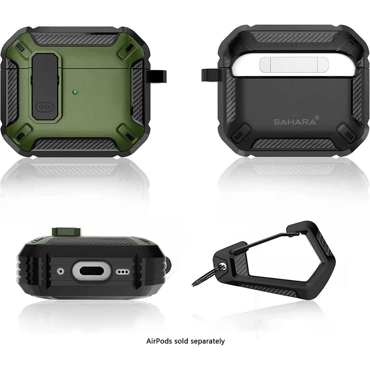 The image shows a green and black case for an iPod, with the case open to reveal the iPod inside. The case is designed to protect the iPod and is sold separately. The case is made of durable materials and is designed to withstand daily wear and tear. The iPod is not included with the case and must be purchased separately.