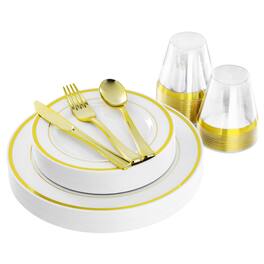 Elama - 150 Piece Disposable Plastic Dinnerware Party Set for 25 Guests with Gold Trim - White