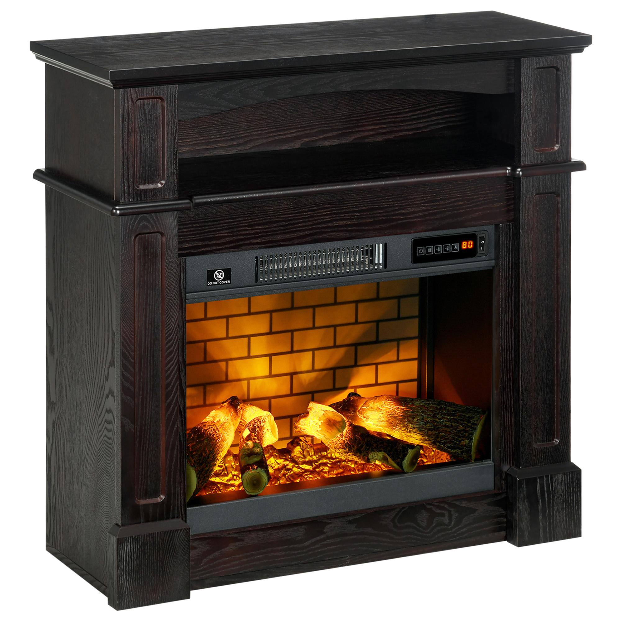 Resenkos - 32" Electric Fireplace with Mantel, Freestanding Heater with LED Log Flame - Brown