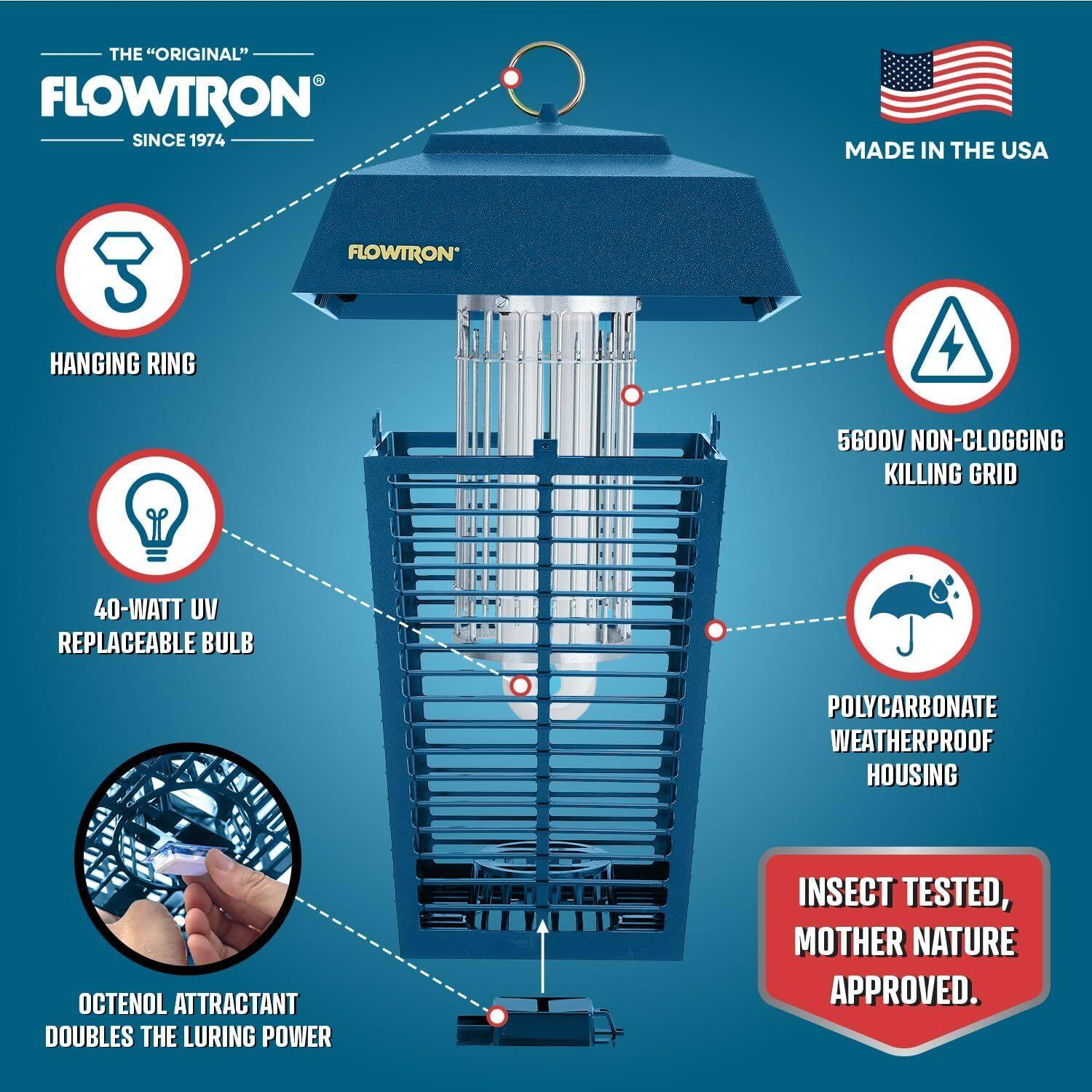THE "ORIGINAL" FLOWTRON SINCE 1974 MADE IN THE USA FLOWTRON HANGING RING 5600V NON-CLOGGING KILLING GRID 40-WATT UV REPLACEABLE BULB POLYCARBONATE WEATHERPROOF HOUSING OCTENOL ATTRACTANT DOUBLES THE LURING POWER INSECT TESTED, MOTHER NATURE APPROVED.
