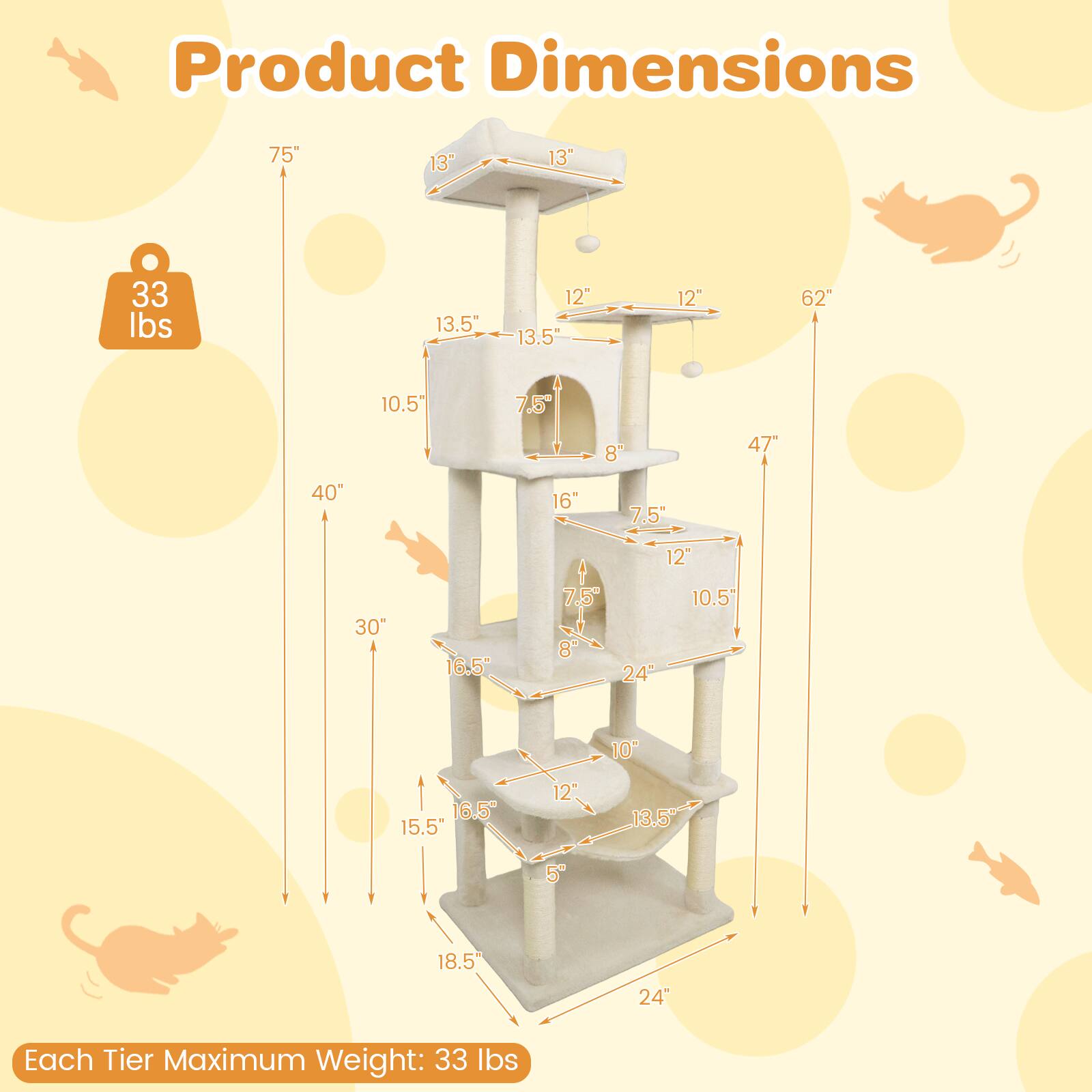 Product Dimensions:  
75" x 13" x 13" x 33 lbs x 13.5" x 12" x 13.5" x 12" x 62" x 10.5" x 7.5" x 8" x 47" x 40" x 16" x 7.5" x 30" x 16.5" x 1" x 7.5" x 8" x 12" x 10.5" x 24" x 10" x 16.5" x 15.5" x 12" x 13.5" x 5" x 18.5" x 24"  

Each Tier Maximum Weight: 33 lbs