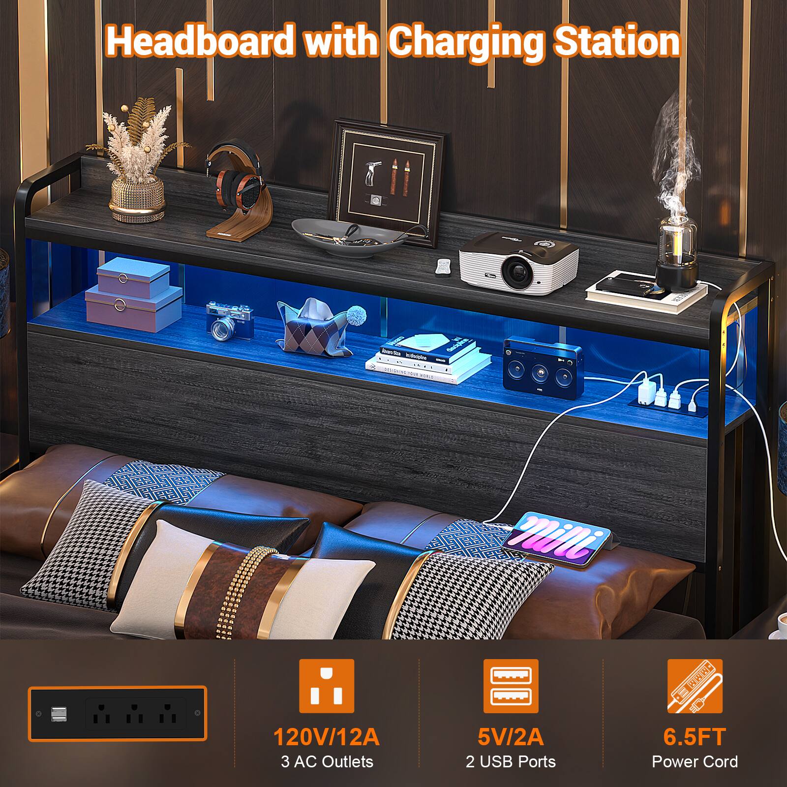Headboard with Charging Station

- 120V/12A
- 3 AC Outlets
- 5V/2A
- 2 USB Ports
- 6.5FT Power Cord