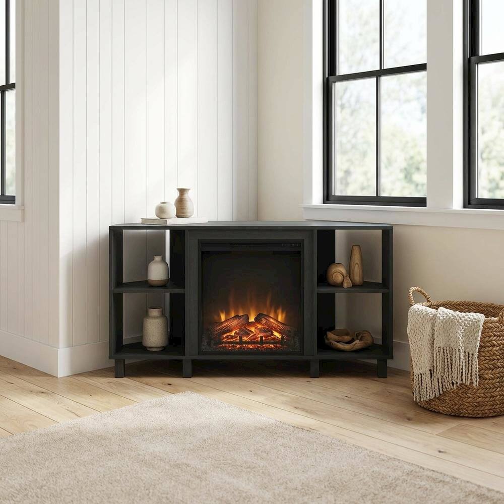 Alt View 2. FurniFact - Brown electric fireplace corner TV stand with storage and media center features - Brown.