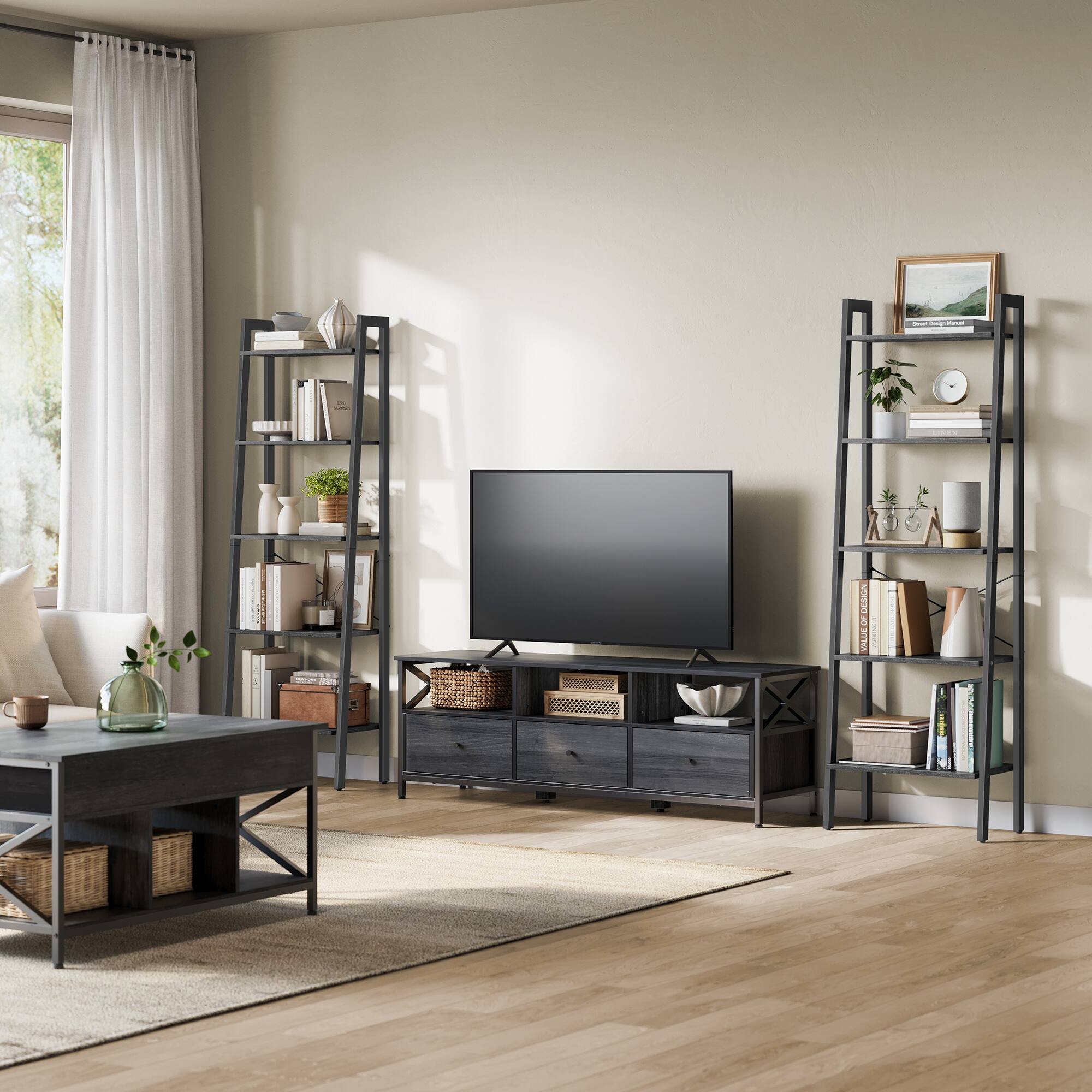 Back. Songmics Home - Ladder Shelf, 5-Tier Bookshelf, Storage Rack, Bookcase with Steel Frame, for Living Room, Home Office, Kitchen, Bedroom - Black.