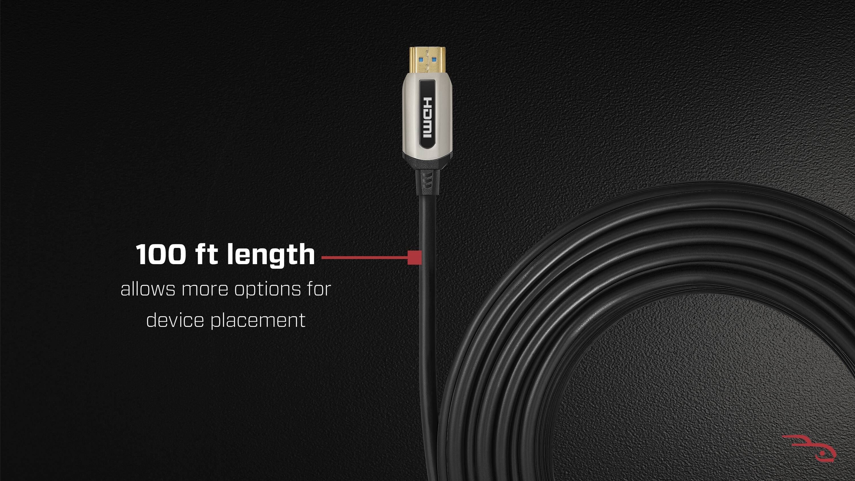 The text on the image reads: "100 ft length allows more options for device placement."