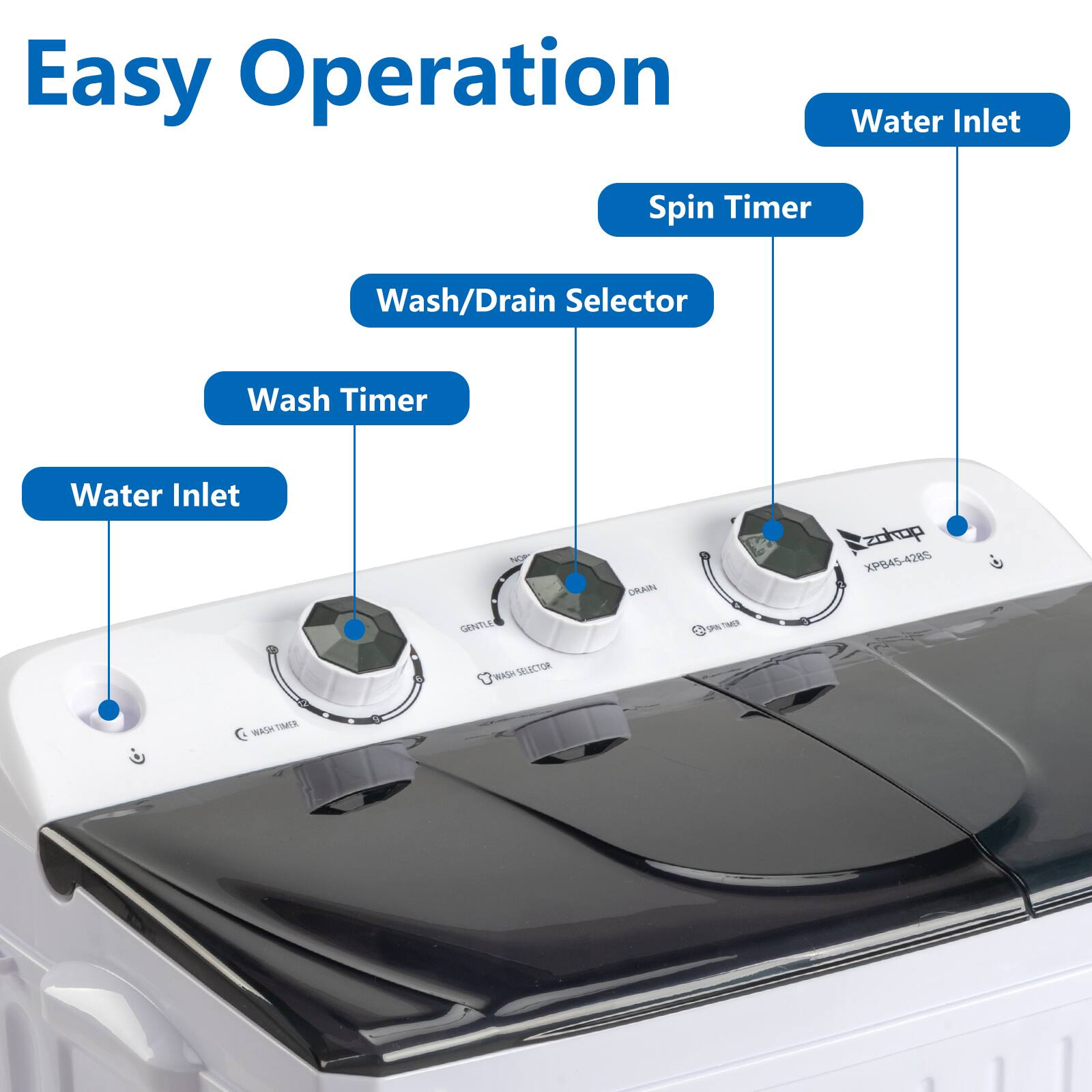 Easy Operation

- Water Inlet
- Wash Timer
- Wash/Drain Selector
- Spin Timer
- Water Inlet